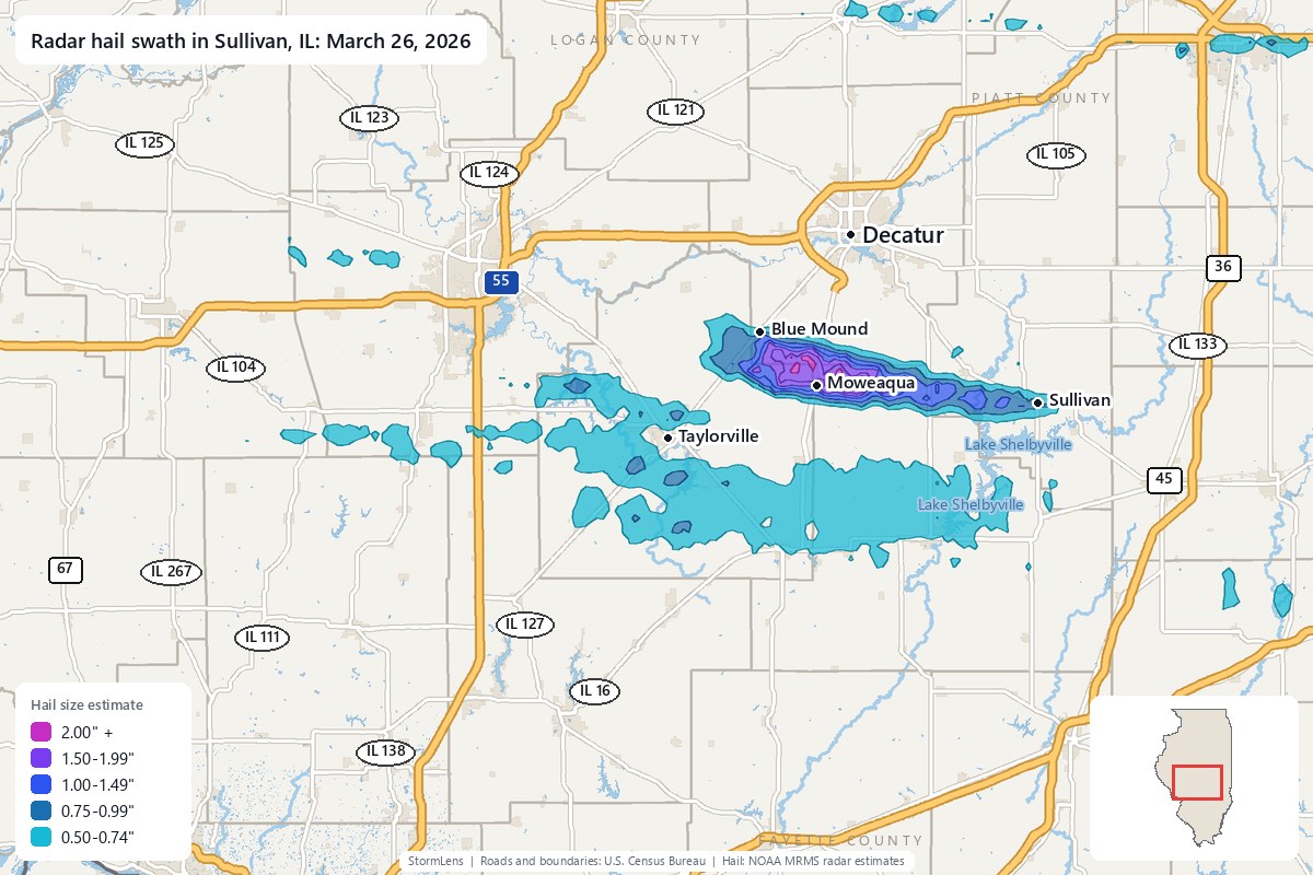 Radar-estimated hail swath in Sullivan, IL on March 26, 2026; colors show estimated hail sizes
