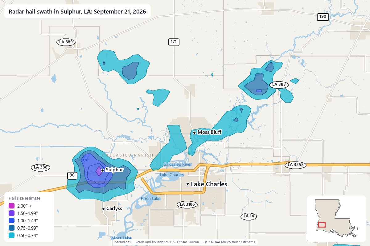Radar-estimated hail swath in Sulphur, LA on September 21, 2026; colors show estimated hail sizes