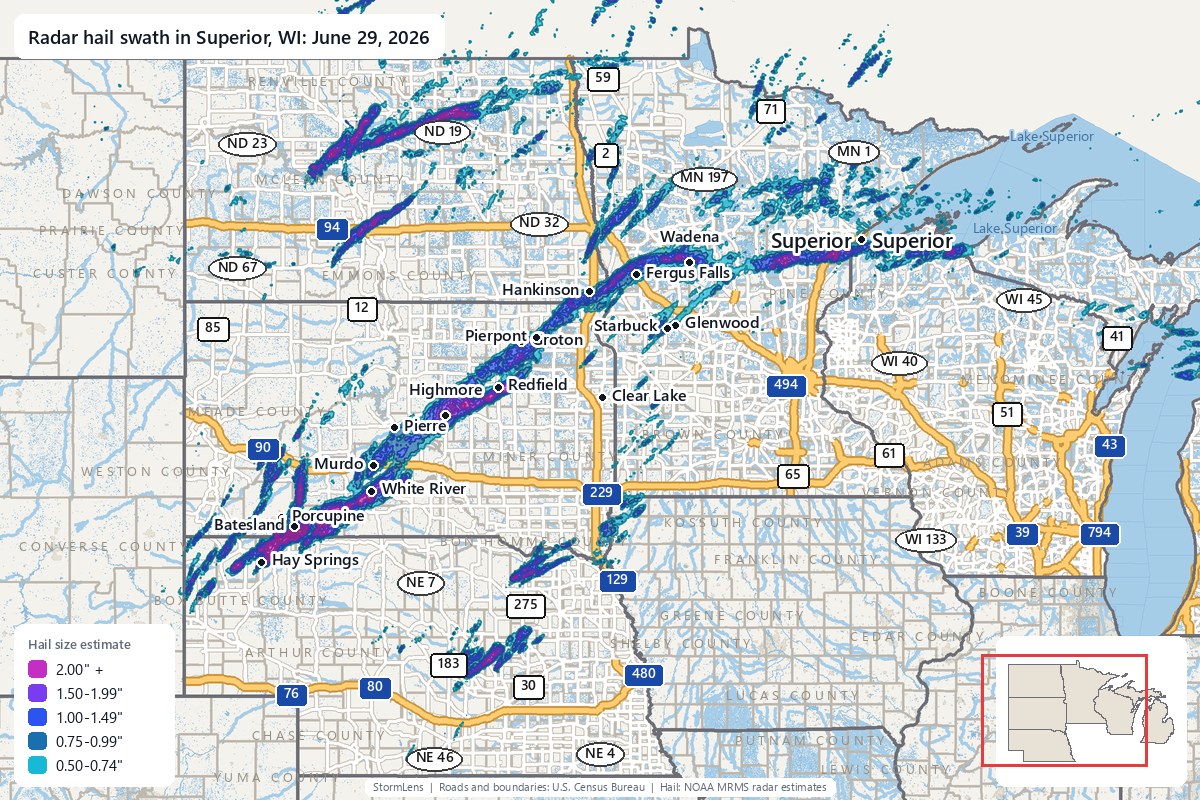Radar-estimated hail swath in Superior, WI on June 29, 2026; colors show estimated hail sizes