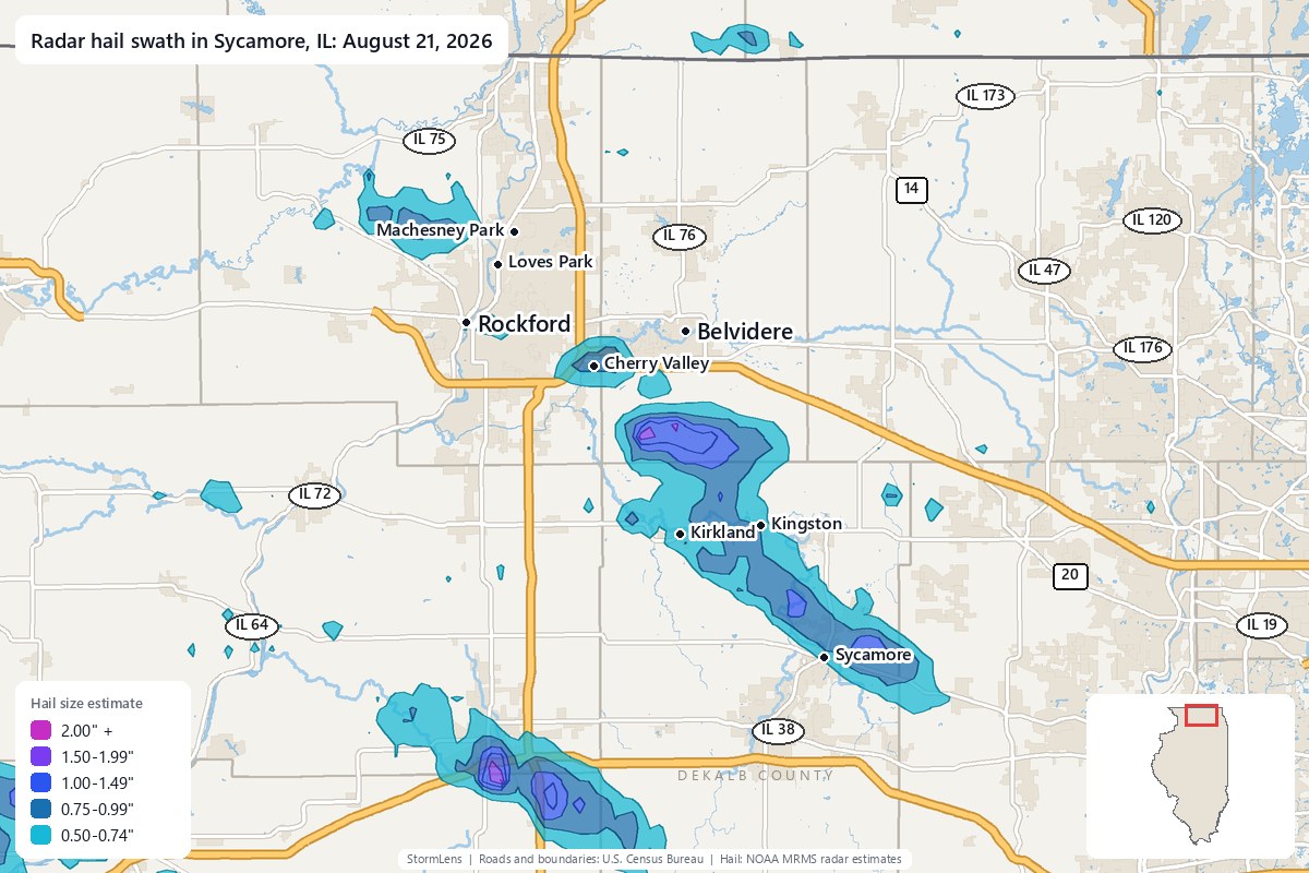 Radar-estimated hail swath in Sycamore, IL on August 21, 2026; colors show estimated hail sizes
