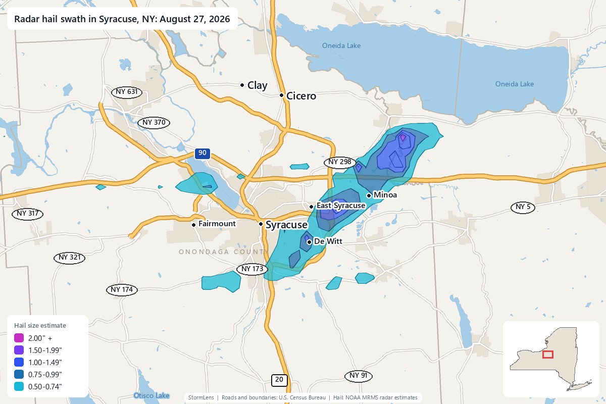 Radar-estimated hail swath in Syracuse, NY on August 27, 2026; colors show estimated hail sizes