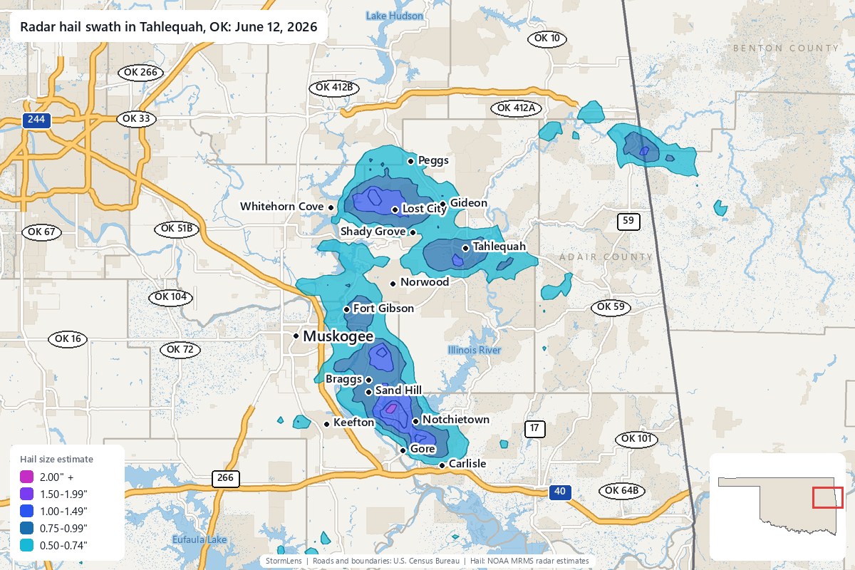 Radar-estimated hail swath in Tahlequah, OK on June 12, 2026; colors show estimated hail sizes