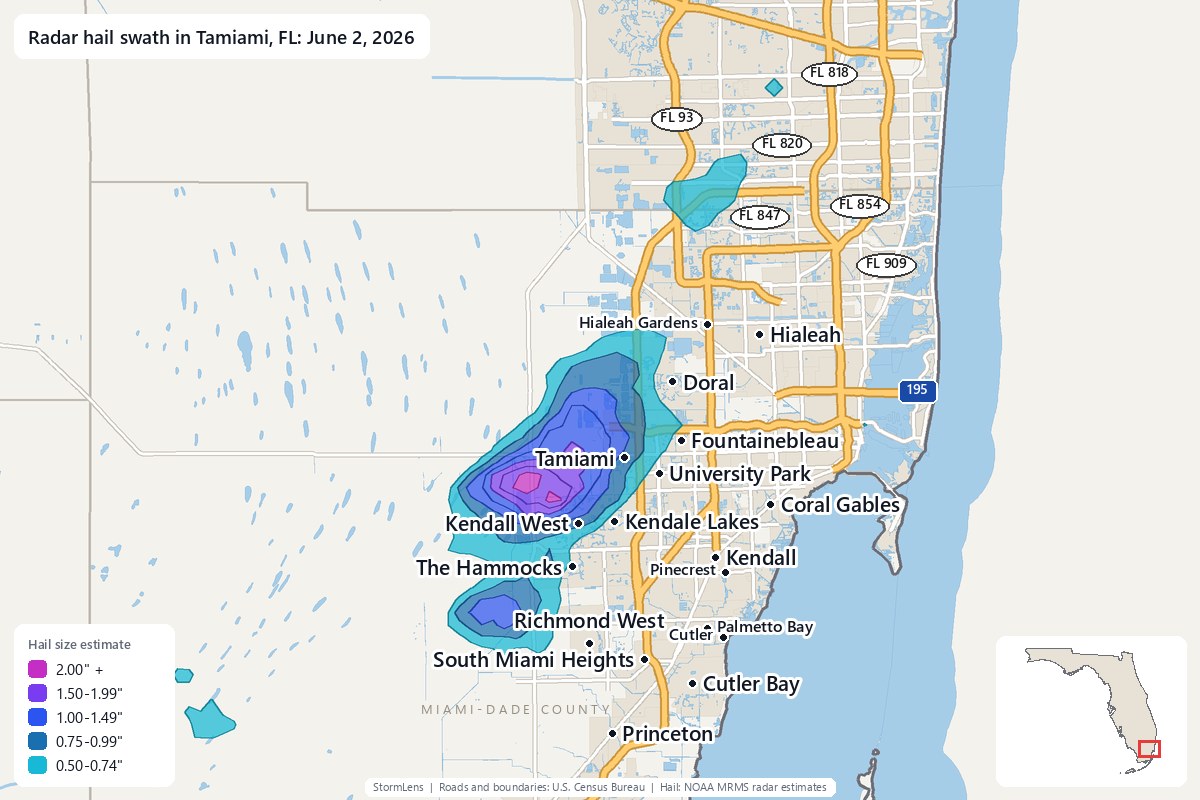 Radar-estimated hail swath in Tamiami, FL on June 2, 2026; colors show estimated hail sizes