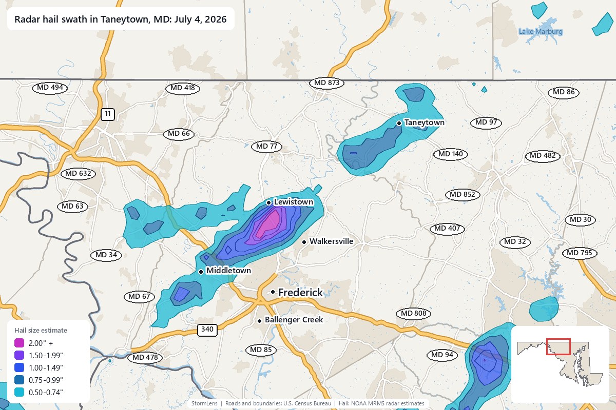 Radar-estimated hail swath in Taneytown, MD on July 4, 2026; colors show estimated hail sizes
