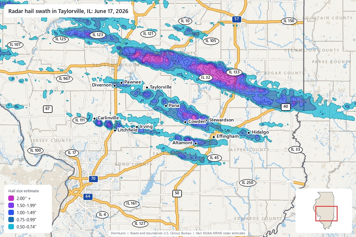 Radar-estimated hail swath in Taylorville, IL on June 17, 2026; colors show estimated hail sizes