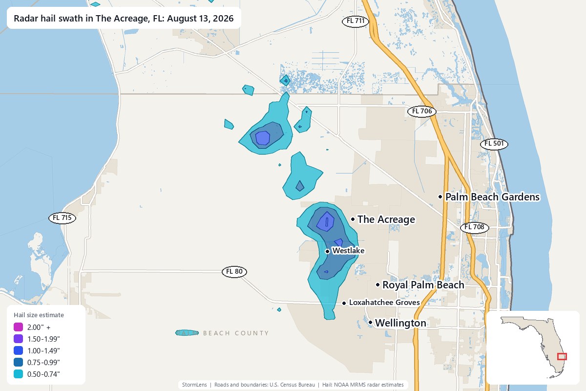 Radar-estimated hail swath in The Acreage, FL on August 13, 2026; colors show estimated hail sizes