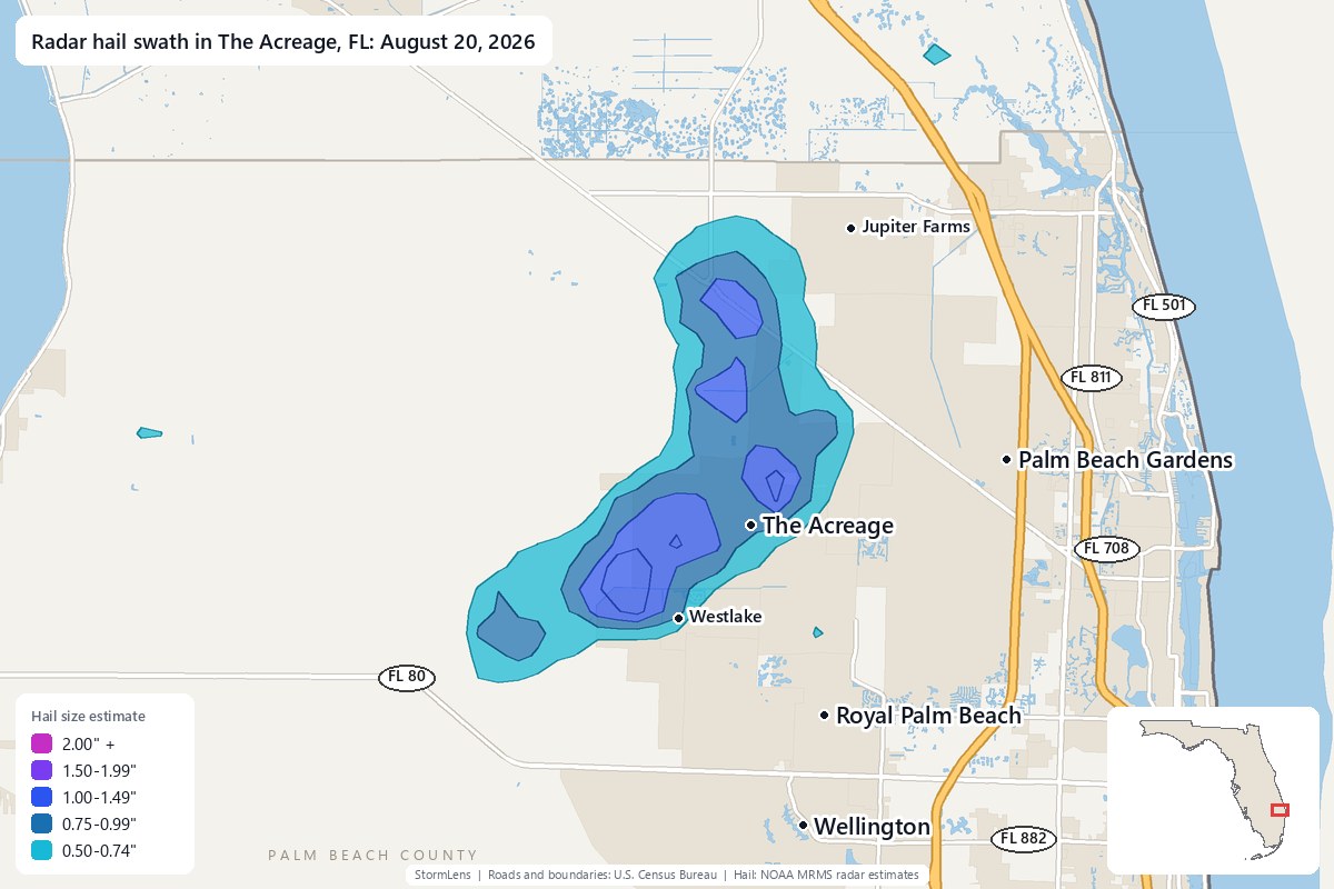 Radar-estimated hail swath in The Acreage, FL on August 20, 2026; colors show estimated hail sizes