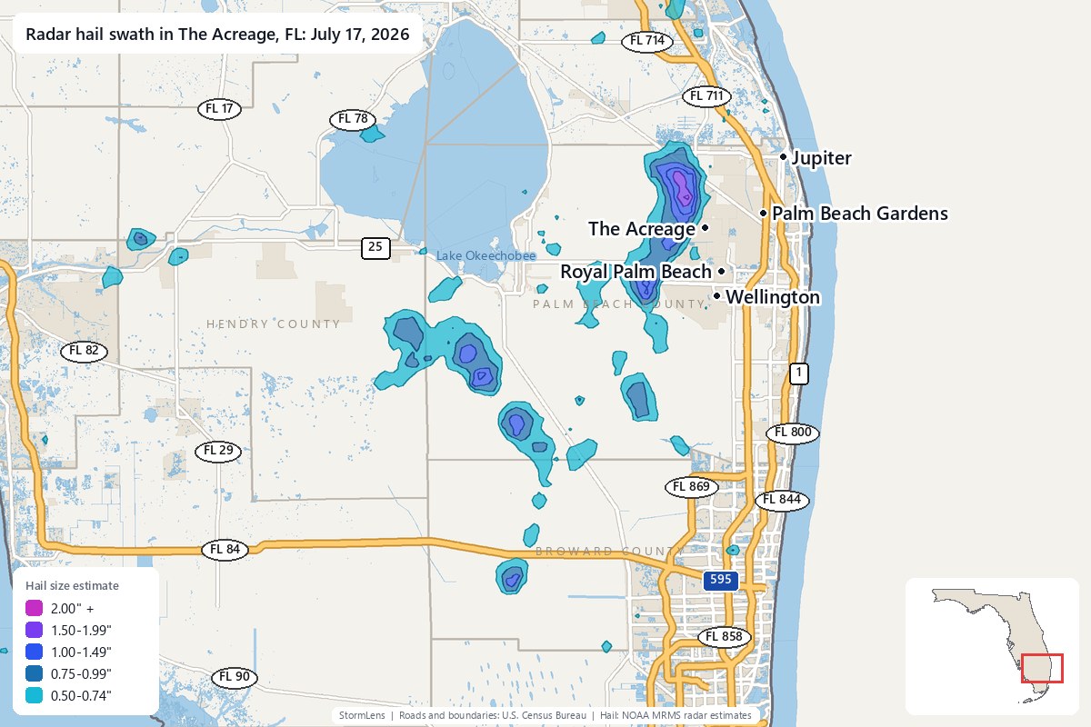 Radar-estimated hail swath in The Acreage, FL on July 17, 2026; colors show estimated hail sizes