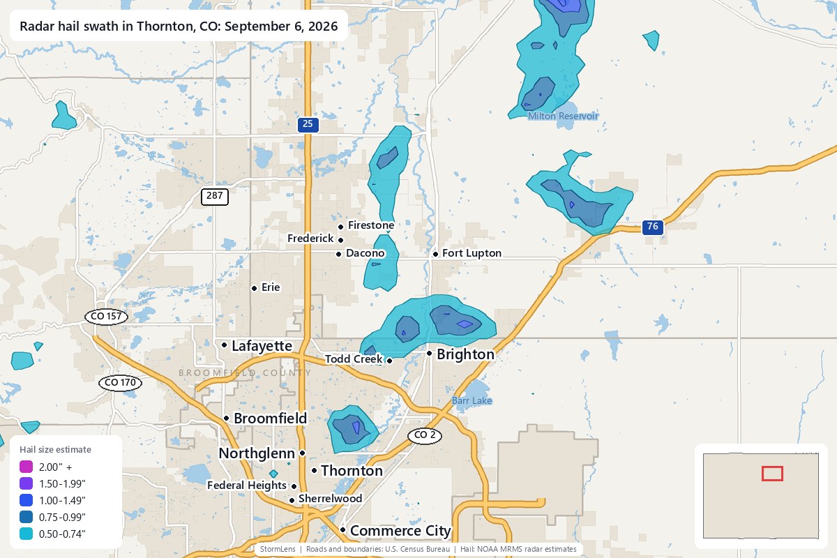 Radar-estimated hail swath in Thornton, CO on September 6, 2026; colors show estimated hail sizes