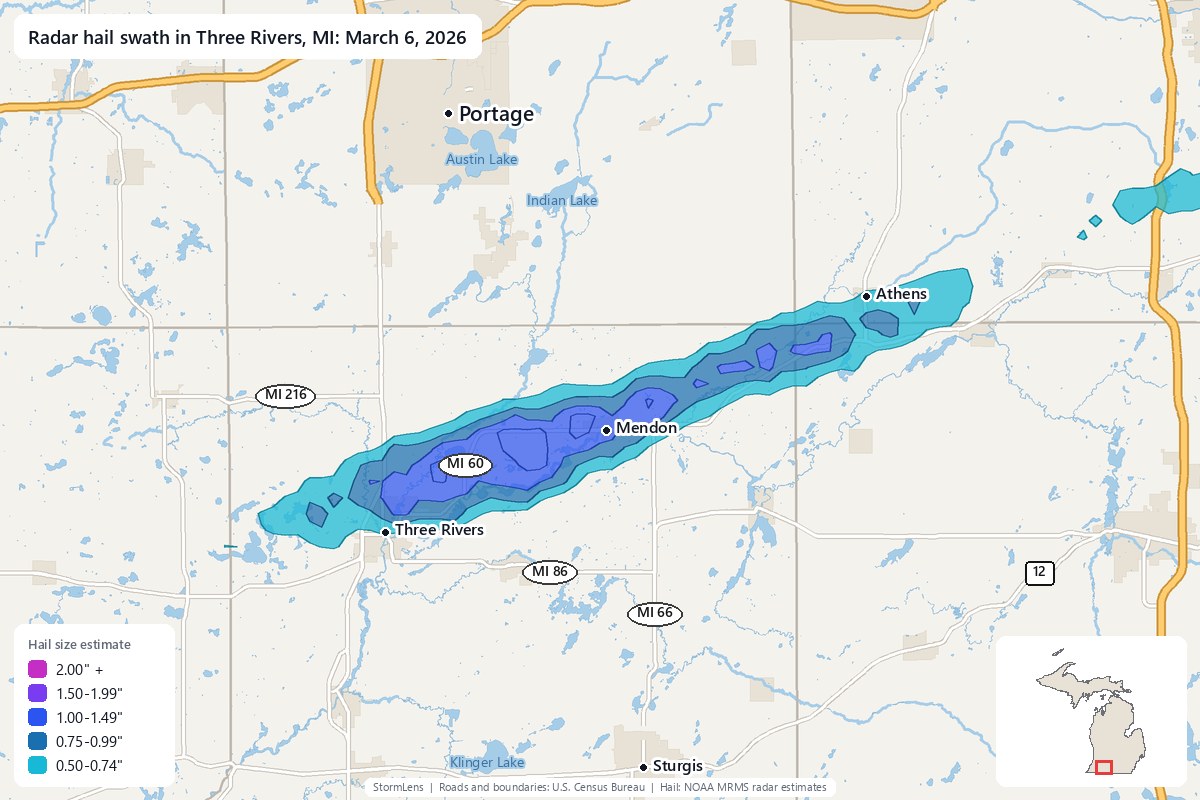 Radar-estimated hail swath in Three Rivers, MI on March 6, 2026; colors show estimated hail sizes