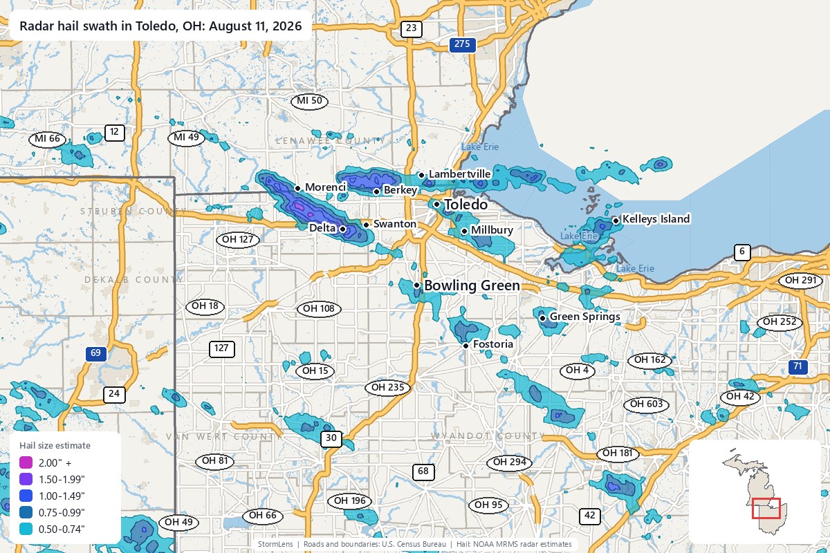 Radar-estimated hail swath in Toledo, OH on August 11, 2026; colors show estimated hail sizes