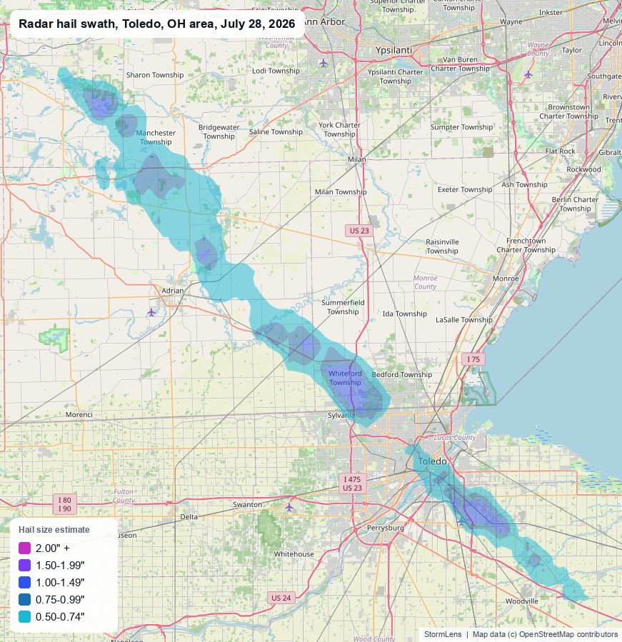 Radar-estimated hail swath near Toledo, OH on July 28, 2026; colors show estimated hail sizes