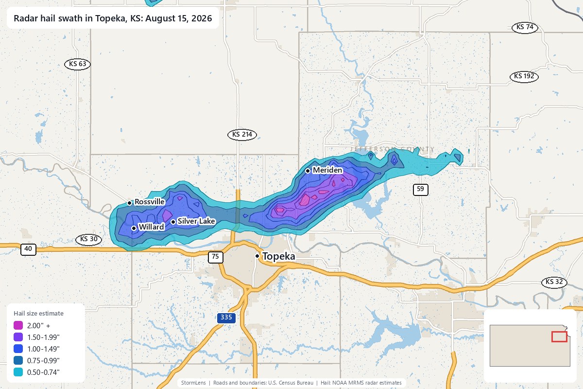 Radar-estimated hail swath in Topeka, KS on August 15, 2026; colors show estimated hail sizes