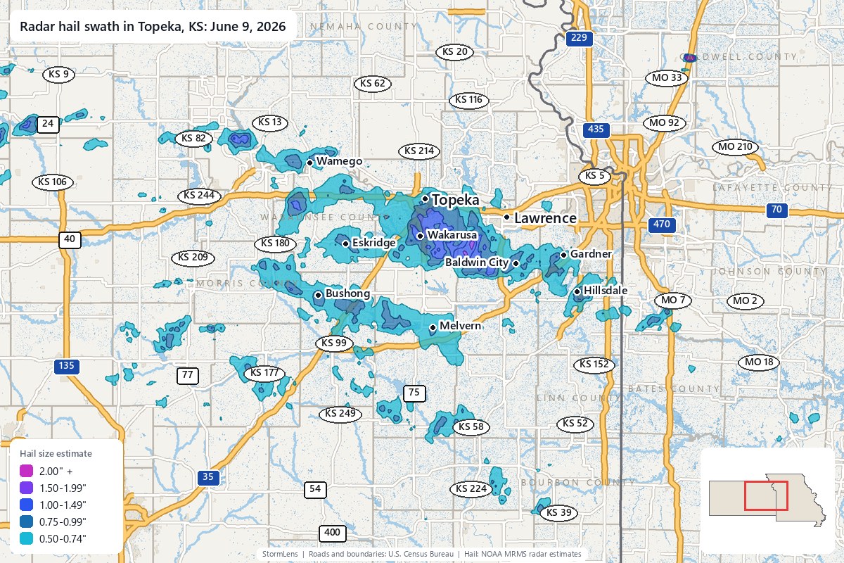 Radar-estimated hail swath in Topeka, KS on June 9, 2026; colors show estimated hail sizes