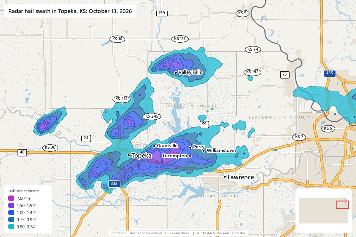 Radar-estimated hail swath in Topeka, KS on October 13, 2026; colors show estimated hail sizes
