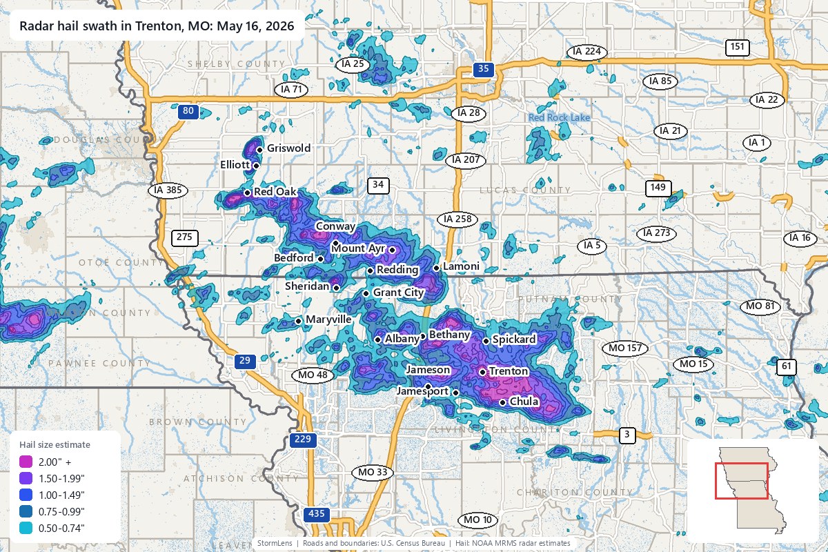 Radar-estimated hail swath in Trenton, MO on May 16, 2026; colors show estimated hail sizes