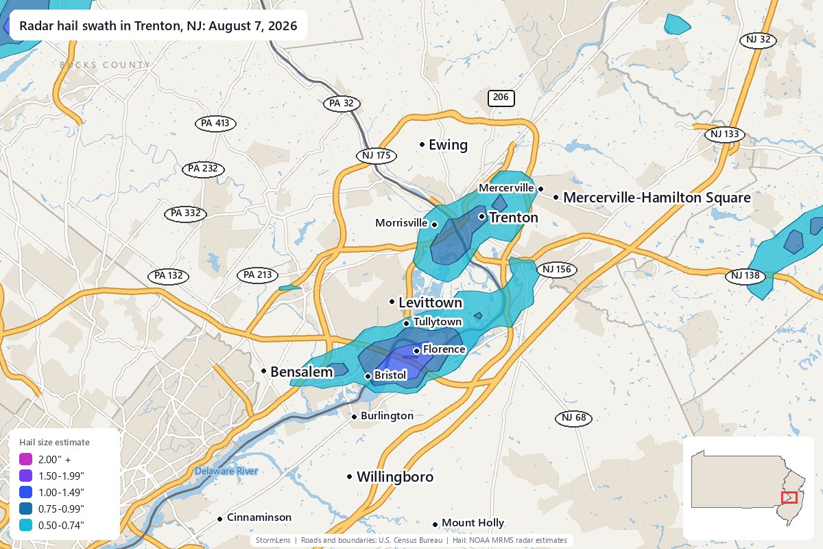 Radar-estimated hail swath in Trenton, NJ on August 7, 2026; colors show estimated hail sizes