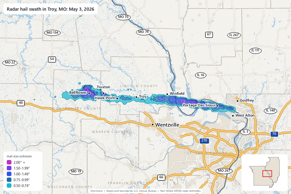 Radar-estimated hail swath in Troy, MO on May 3, 2026; colors show estimated hail sizes