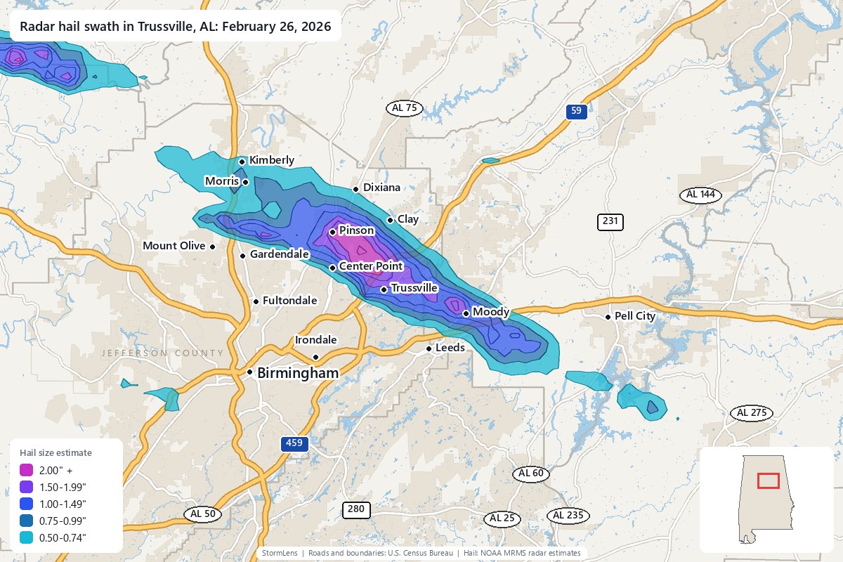 Radar-estimated hail swath in Trussville, AL on February 26, 2026; colors show estimated hail sizes
