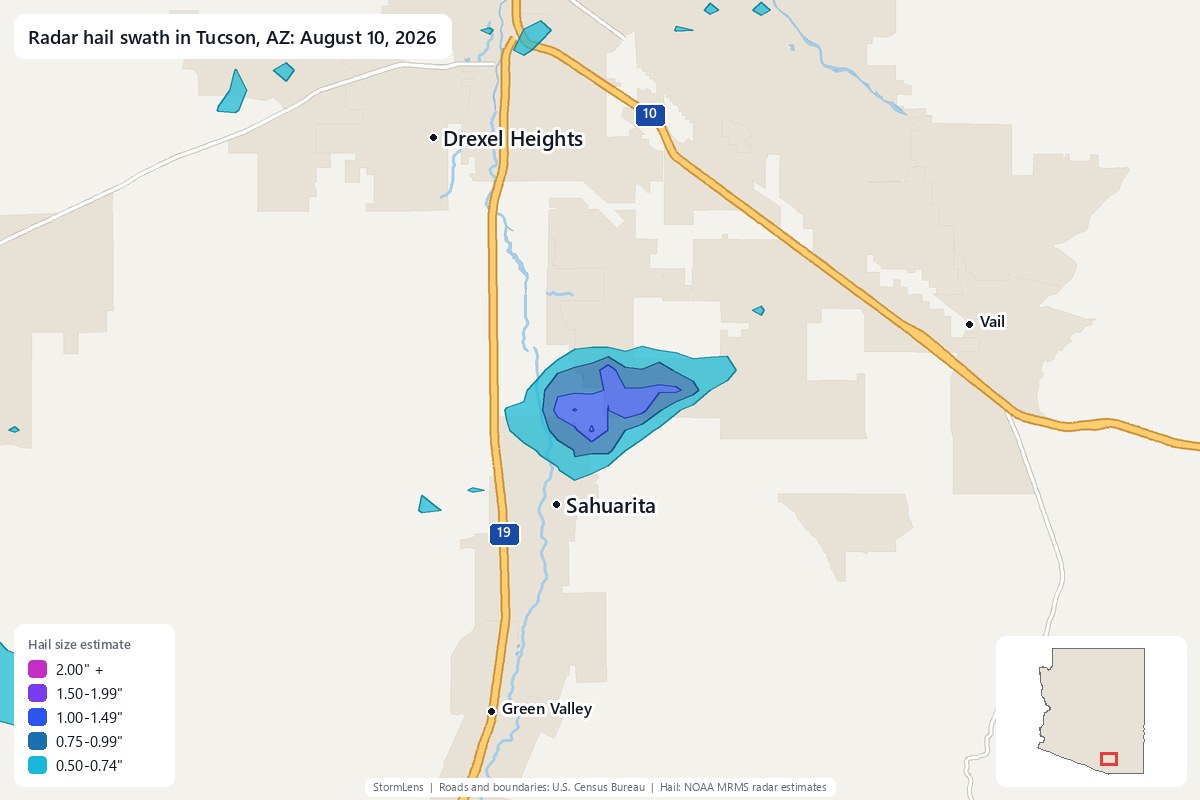 Radar-estimated hail swath in Tucson, AZ on August 10, 2026; colors show estimated hail sizes