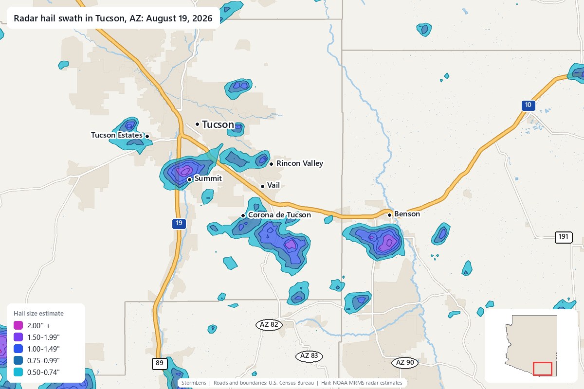 Radar-estimated hail swath in Tucson, AZ on August 19, 2026; colors show estimated hail sizes