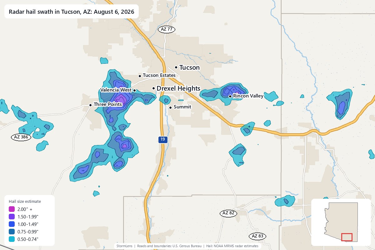 Radar-estimated hail swath in Tucson, AZ on August 6, 2026; colors show estimated hail sizes