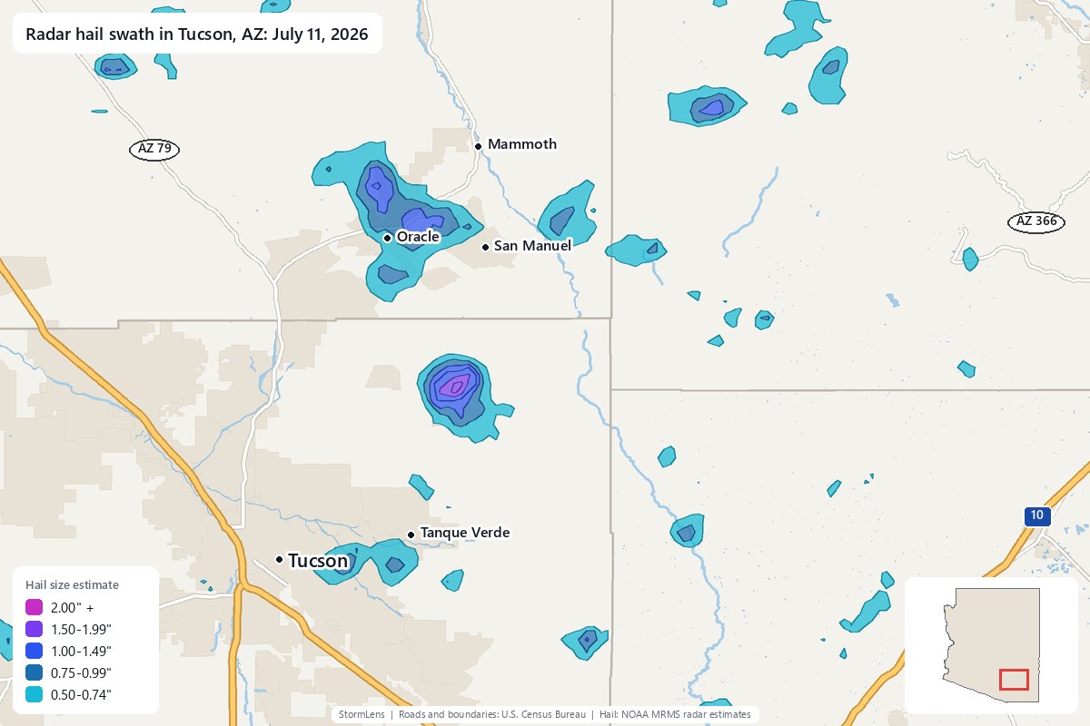 Radar-estimated hail swath in Tucson, AZ on July 11, 2026; colors show estimated hail sizes