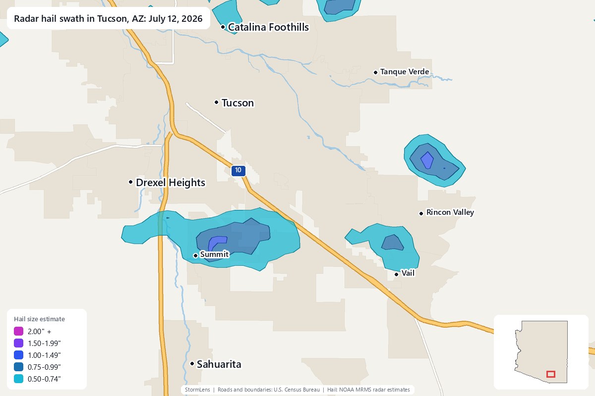 Radar-estimated hail swath in Tucson, AZ on July 12, 2026; colors show estimated hail sizes