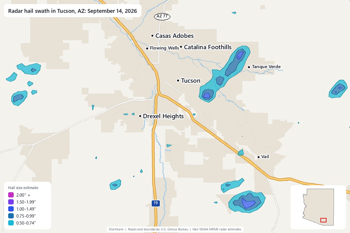 Radar-estimated hail swath in Tucson, AZ on September 14, 2026; colors show estimated hail sizes