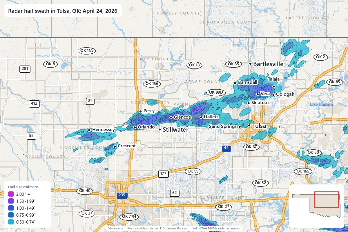 Radar-estimated hail swath in Tulsa, OK on April 24, 2026; colors show estimated hail sizes