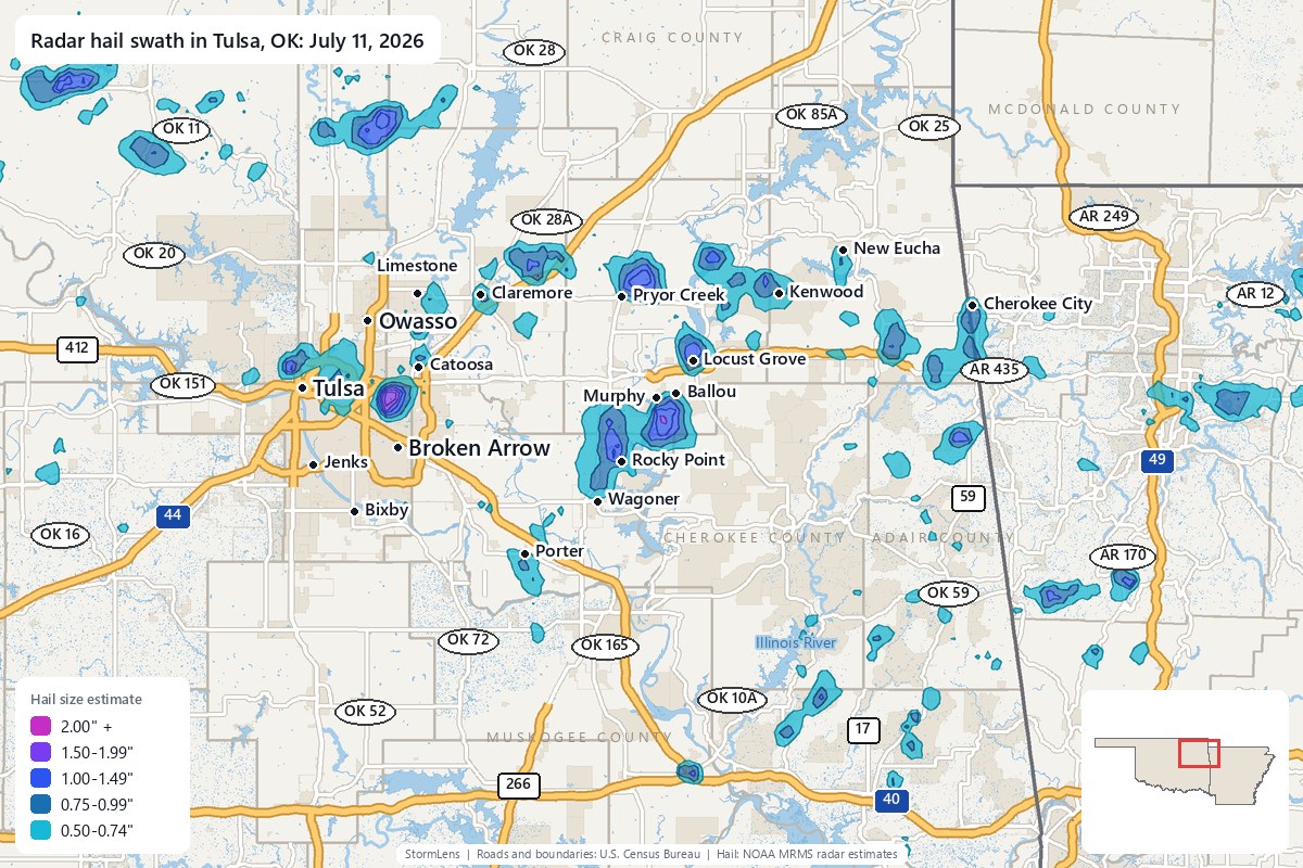 Radar-estimated hail swath in Tulsa, OK on July 11, 2026; colors show estimated hail sizes