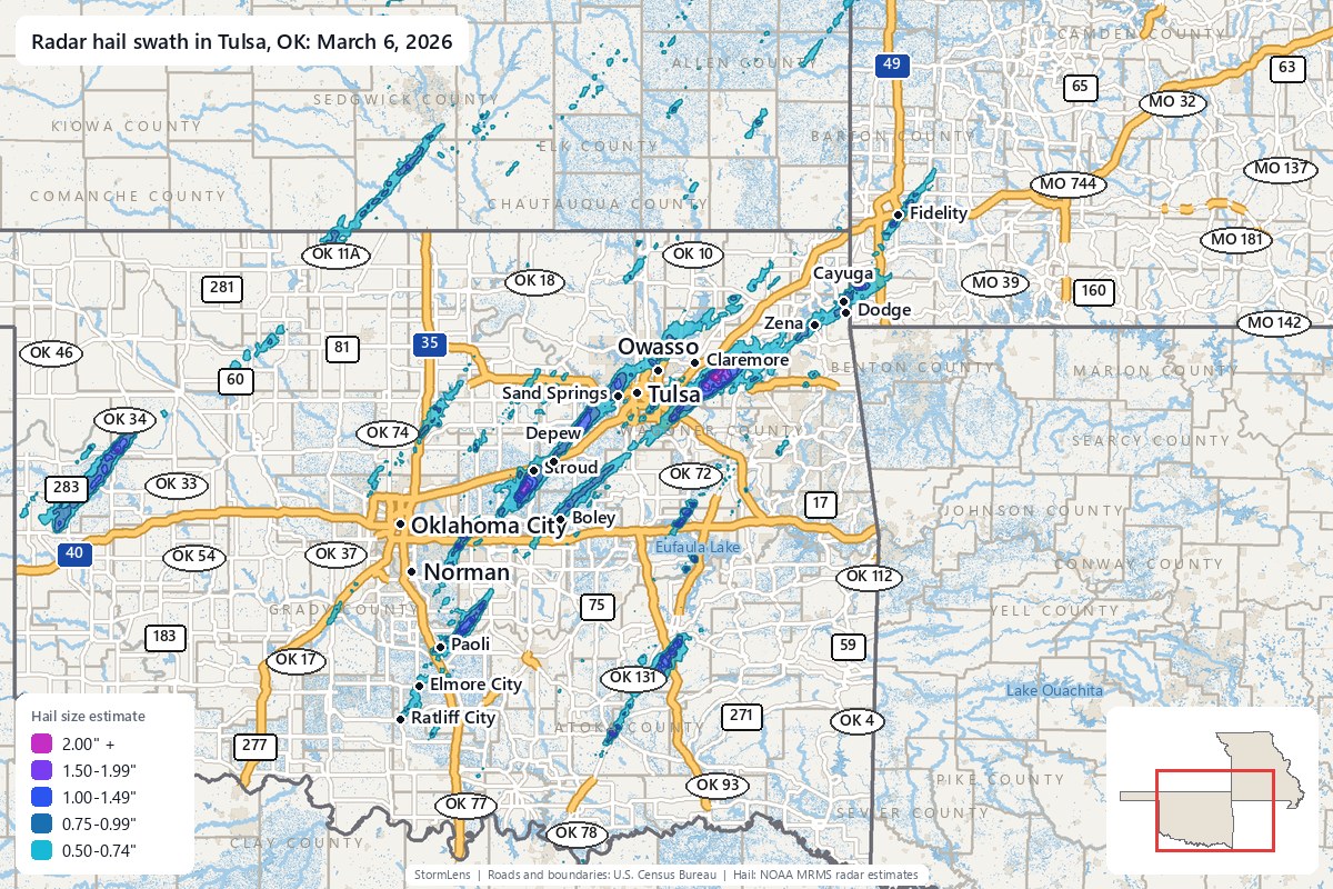 Radar-estimated hail swath in Tulsa, OK on March 6, 2026; colors show estimated hail sizes