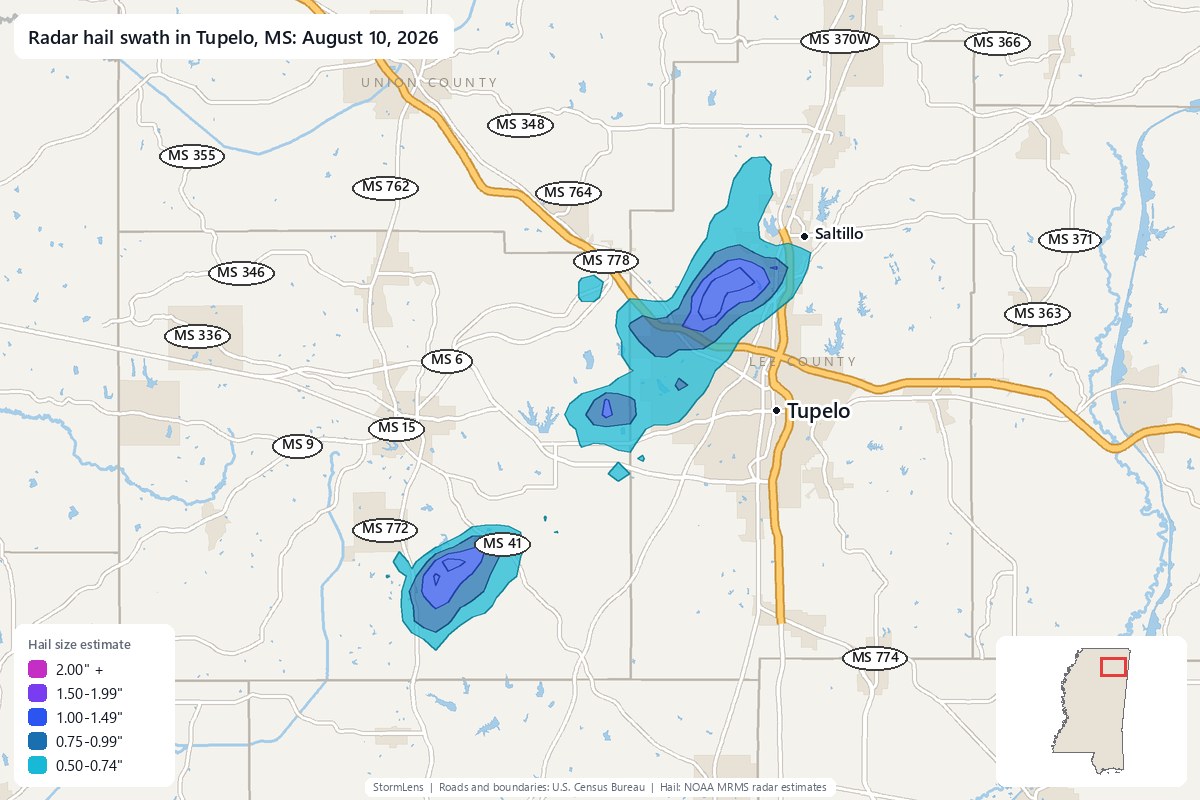 Radar-estimated hail swath in Tupelo, MS on August 10, 2026; colors show estimated hail sizes