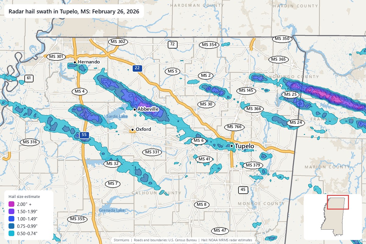 Radar-estimated hail swath in Tupelo, MS on February 26, 2026; colors show estimated hail sizes