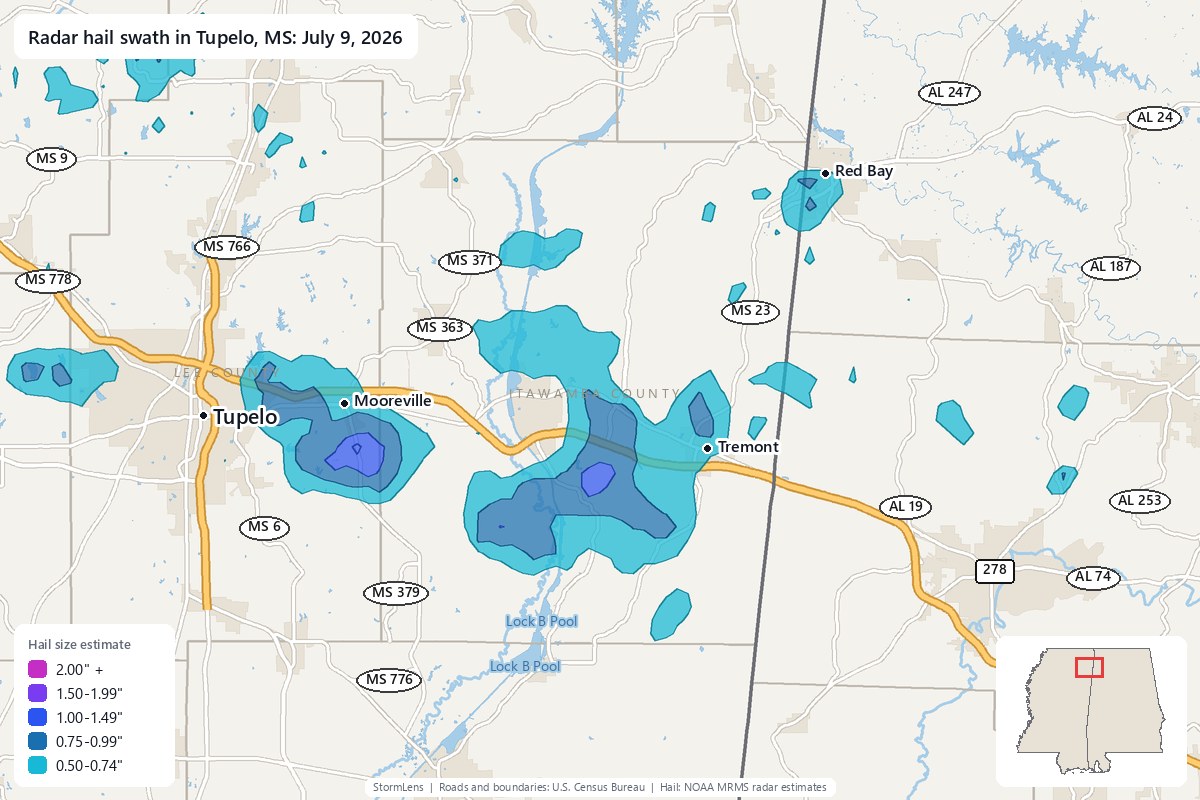 Radar-estimated hail swath in Tupelo, MS on July 9, 2026; colors show estimated hail sizes