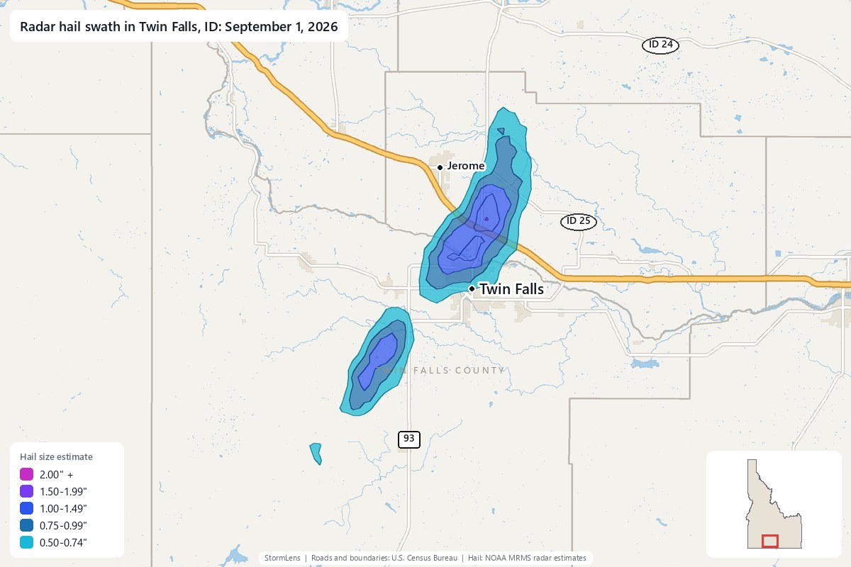 Radar-estimated hail swath in Twin Falls, ID on September 1, 2026; colors show estimated hail sizes