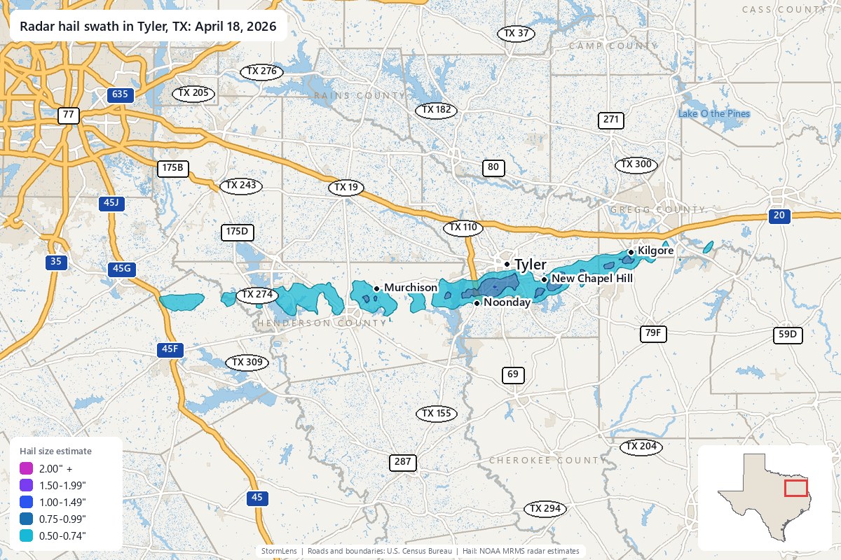Radar-estimated hail swath in Tyler, TX on April 18, 2026; colors show estimated hail sizes