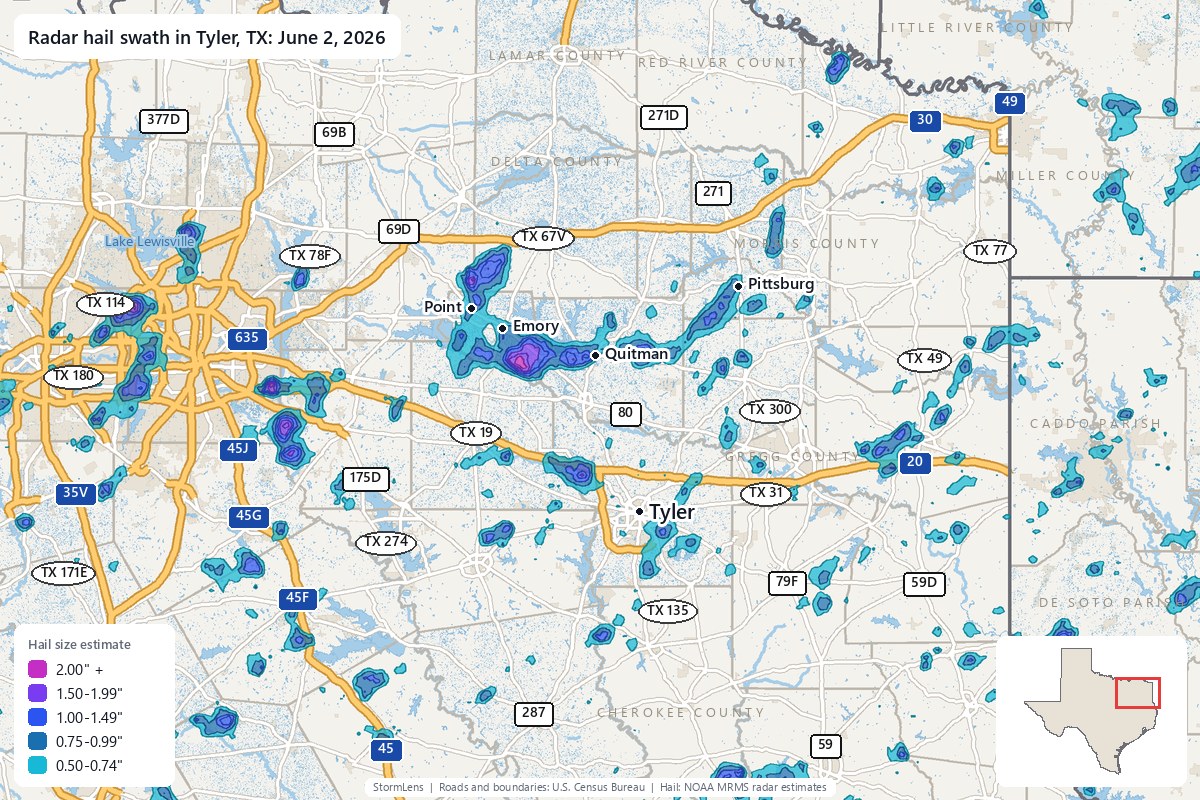 Radar-estimated hail swath in Tyler, TX on June 2, 2026; colors show estimated hail sizes