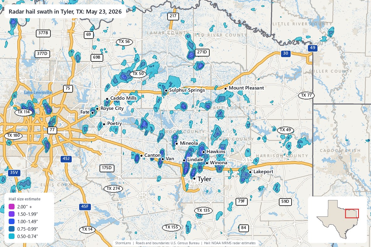 Radar-estimated hail swath in Tyler, TX on May 23, 2026; colors show estimated hail sizes