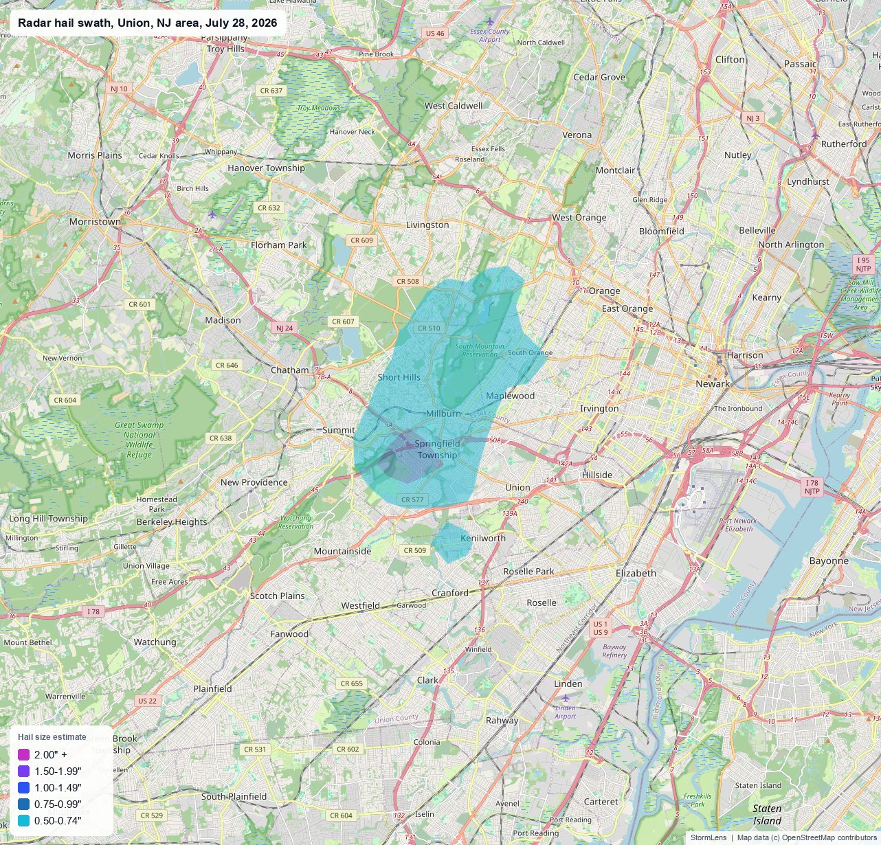 Radar-estimated hail swath near Union, NJ on July 28, 2026; colors show estimated hail sizes