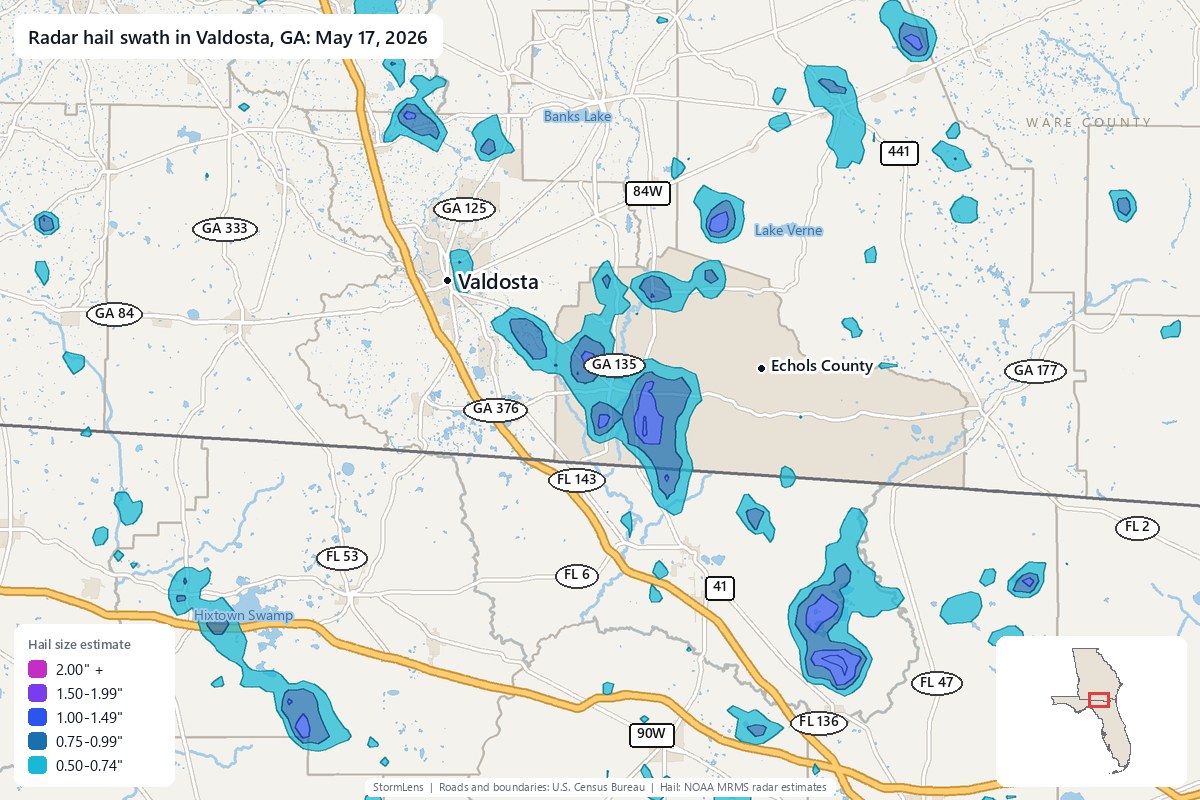 Radar-estimated hail swath in Valdosta, GA on May 17, 2026; colors show estimated hail sizes