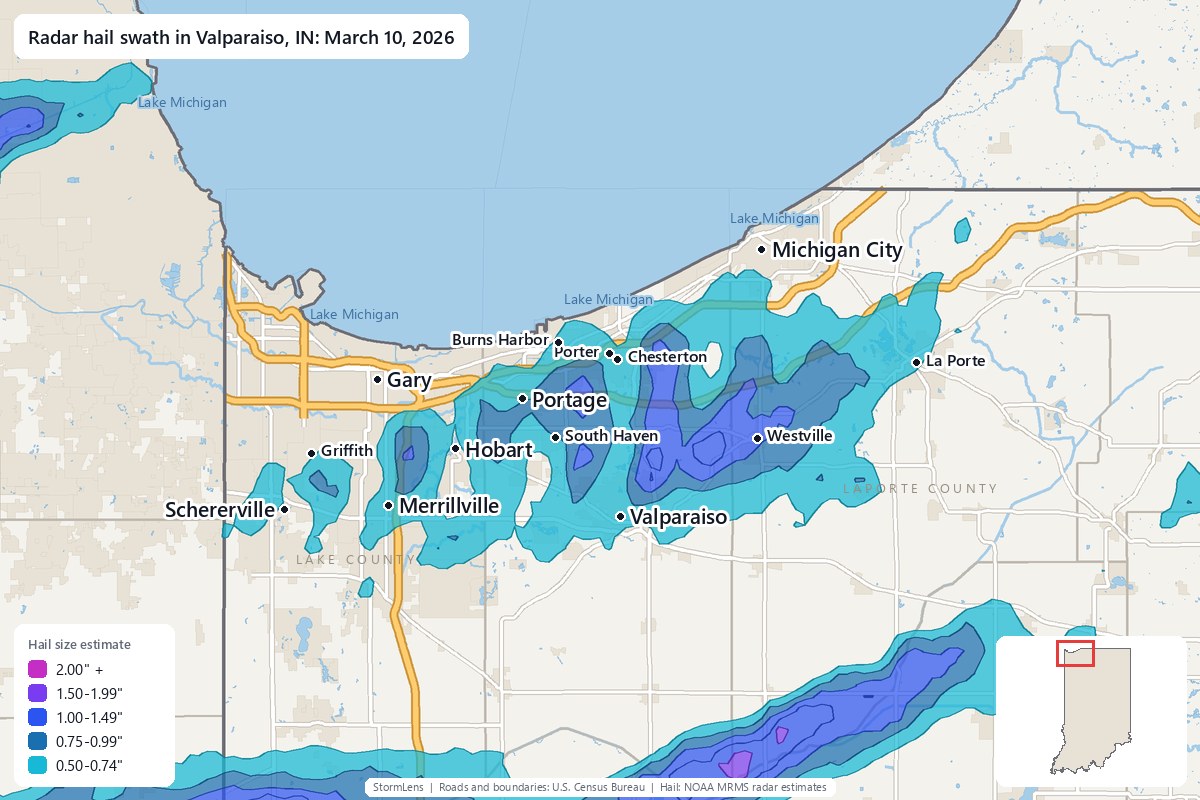 Radar-estimated hail swath in Valparaiso, IN on March 10, 2026; colors show estimated hail sizes