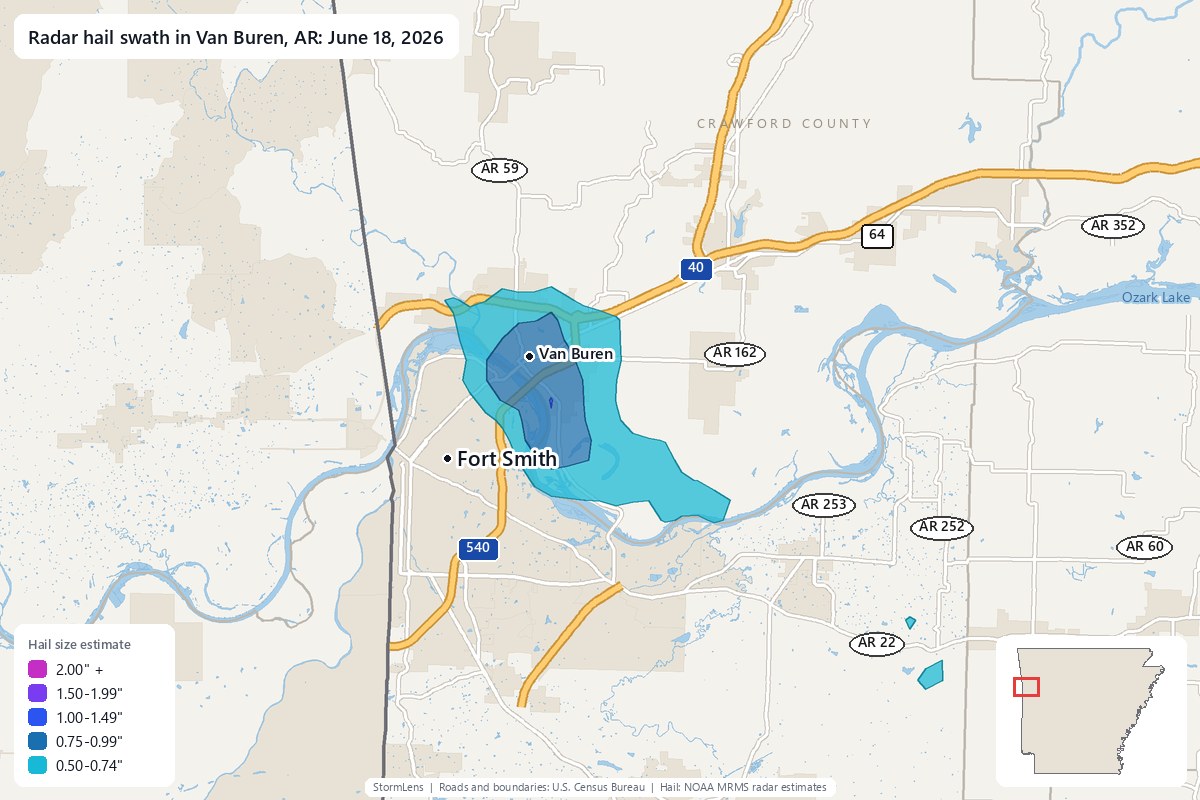 Radar-estimated hail swath in Van Buren, AR on June 18, 2026; colors show estimated hail sizes