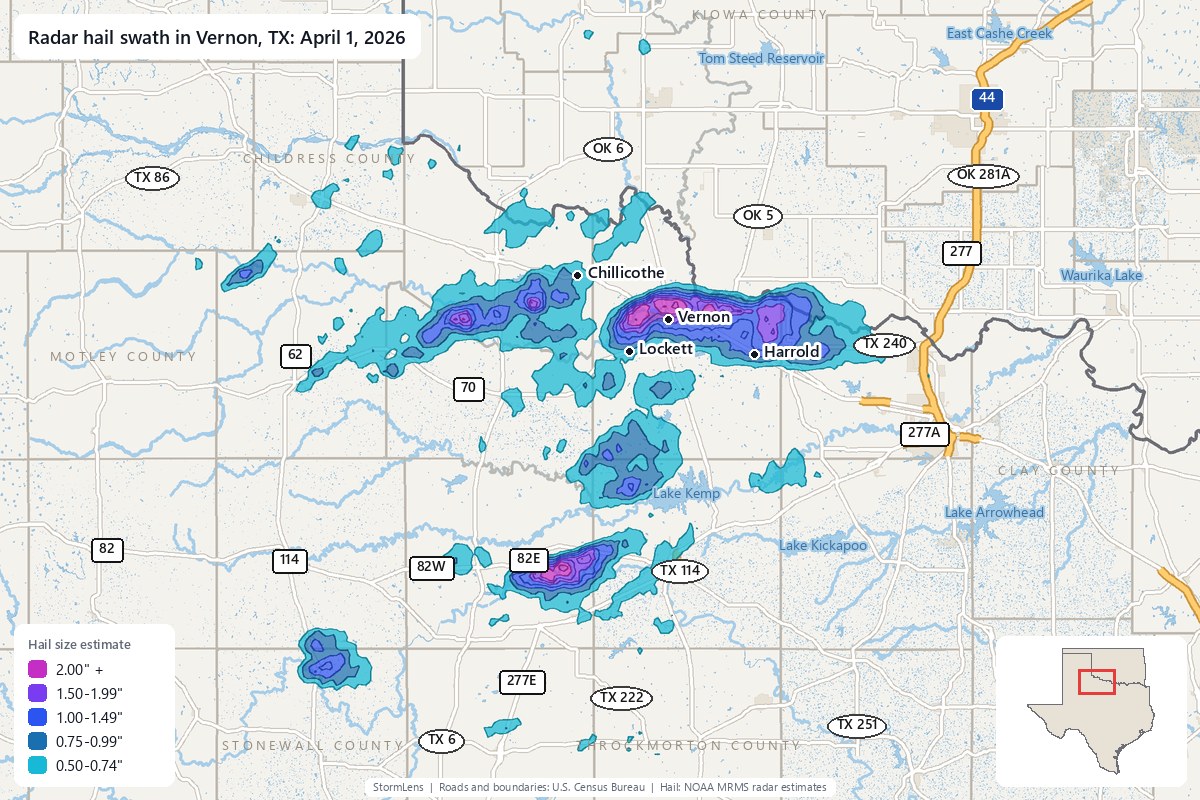 Radar-estimated hail swath in Vernon, TX on April 1, 2026; colors show estimated hail sizes