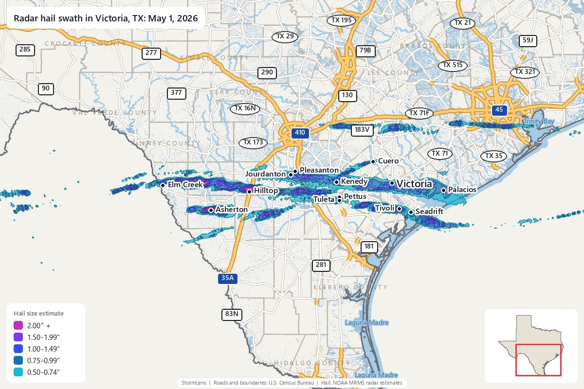 Radar-estimated hail swath in Victoria, TX on May 1, 2026; colors show estimated hail sizes