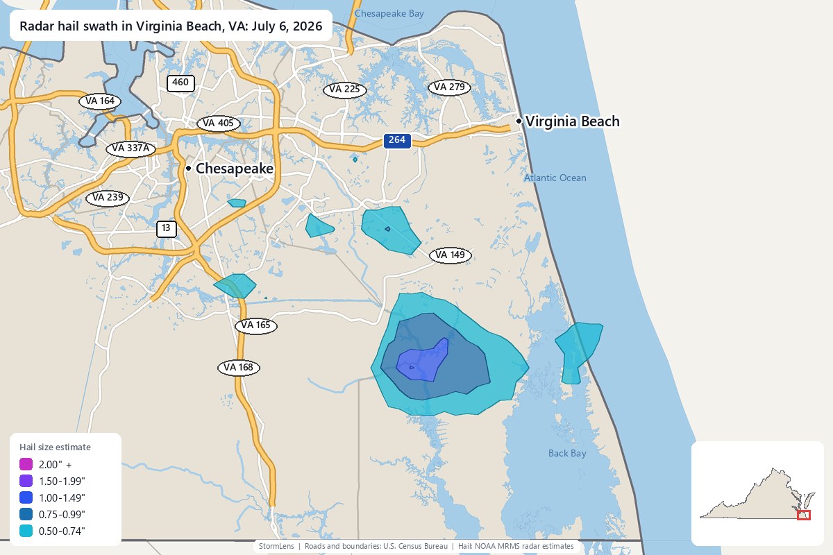 Radar-estimated hail swath in Virginia Beach, VA on July 6, 2026; colors show estimated hail sizes