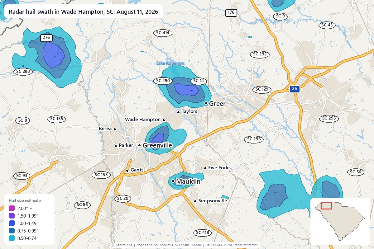 Radar-estimated hail swath in Wade Hampton, SC on August 11, 2026; colors show estimated hail sizes