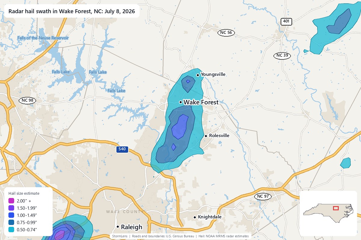 Radar-estimated hail swath in Wake Forest, NC on July 8, 2026; colors show estimated hail sizes