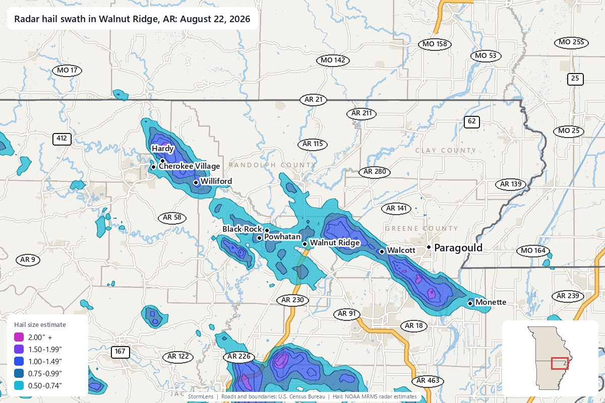 Radar-estimated hail swath in Walnut Ridge, AR on August 22, 2026; colors show estimated hail sizes
