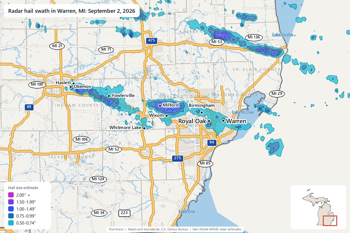 Radar-estimated hail swath in Warren, MI on September 2, 2026; colors show estimated hail sizes